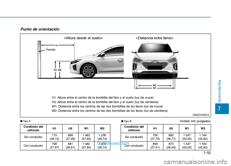 Hyundai Ioniq Electric 2017  Manual del propietario (in Spanish) 7-55
7
Mantenimiento
Unidad: mm (pulgadas)
Punto de orientación 
OAEE076051L
H1: Altura entre el centro de la bombilla del faro y el suelo (luz de cruce) 
H2: Altura entre el centro de la bombilla de