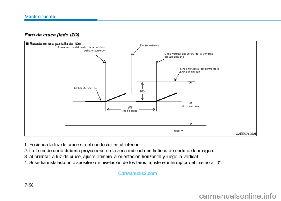 Hyundai Ioniq Electric 2017  Manual del propietario (in Spanish) 7-56
Mantenimiento
Faro de cruce (lado IZQ) 
1. Encienda la luz de cruce sin el conductor en el interior. 
2. La línea de corte debería proyectarse en la zona indicada en la línea de corte de la im