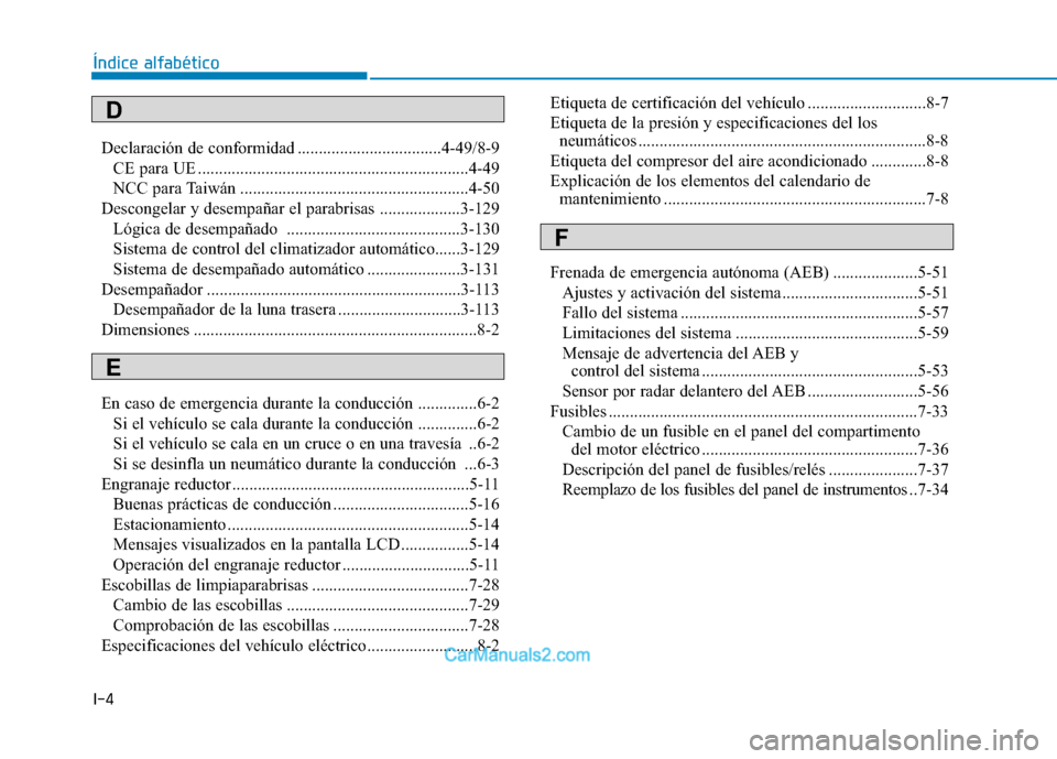 Hyundai Ioniq Electric 2017 Manual del propietario (in Spanish) I-4Declaración de conformidad ..................................4-49/8-9
CE para UE ................................................................4-49
NCC para Taiwán ............................ Hyundai Ioniq Electric 2017 Manual del propietario (in Spanish) I-4Declaración de conformidad ..................................4-49/8-9
CE para UE ................................................................4-49
NCC para Taiwán ............................