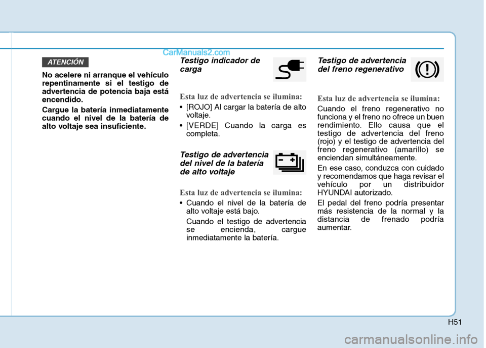Hyundai Ioniq Electric 2017 Manual del propietario (in Spanish) H51
No acelere ni arranque el vehículo repentinamente si el testigo de
advertencia de potencia baja estáencendido.
Cargue la batería inmediatamente cuando el nivel de la batería de
alto voltaje s Hyundai Ioniq Electric 2017 Manual del propietario (in Spanish) H51
No acelere ni arranque el vehículo repentinamente si el testigo de
advertencia de potencia baja estáencendido.
Cargue la batería inmediatamente cuando el nivel de la batería de
alto voltaje s