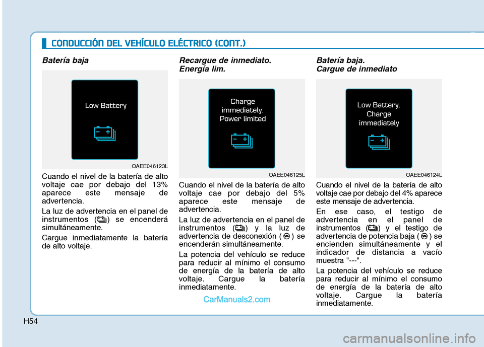 Hyundai Ioniq Electric 2017 Manual del propietario (in Spanish) H54
CCOO NNDDUU CCCCIIÓÓ NN DD EELL VV EEHH ÍÍCC UU LLOO EE LLÉÉ CCTT RR IICC OO (( CC OO NNTT..))
Batería baja
Cuando el nivel de la batería de alto
voltaje cae por debajo del 13%apare Hyundai Ioniq Electric 2017 Manual del propietario (in Spanish) H54
CCOO NNDDUU CCCCIIÓÓ NN DD EELL VV EEHH ÍÍCC UU LLOO EE LLÉÉ CCTT RR IICC OO (( CC OO NNTT..))
Batería baja
Cuando el nivel de la batería de alto
voltaje cae por debajo del 13%apare