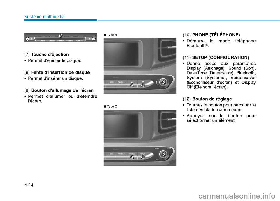 Hyundai Ioniq Electric 2017  Manuel du propriétaire (in French) 4-14
Système multimédia 
(7) Touche déjection
 Permet déjecter le disque. (8) Fente dinsertion de disque
 Permet dinsérer un disque.(9)  Bouton dallumage de lécran
 Permet dallumer ou d