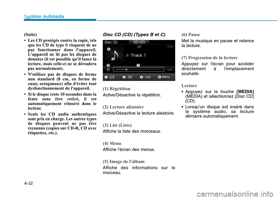Hyundai Ioniq Electric 2017 Manuel du propriétaire (in French) 4-22
Système multimédia
(Suite)
Les CD protégés contre la copie, telsque les CD de type S risquent de ne
pas fonctionner dans lappareil.
Lappareil ne lit pas les disques de
données (il est Hyundai Ioniq Electric 2017 Manuel du propriétaire (in French) 4-22
Système multimédia
(Suite)
Les CD protégés contre la copie, telsque les CD de type S risquent de ne
pas fonctionner dans lappareil.
Lappareil ne lit pas les disques de
données (il est