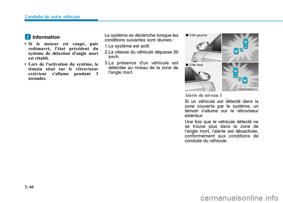 Hyundai Ioniq Electric 2017  Manuel du propriétaire (in French) 5-44
Conduite de votre véhicule
Information
 Si le moteur est coupé, puis redémarré, létat précédent du 
système de détection dangle mort
est rétabli.
 Lors de lactivation du système, 