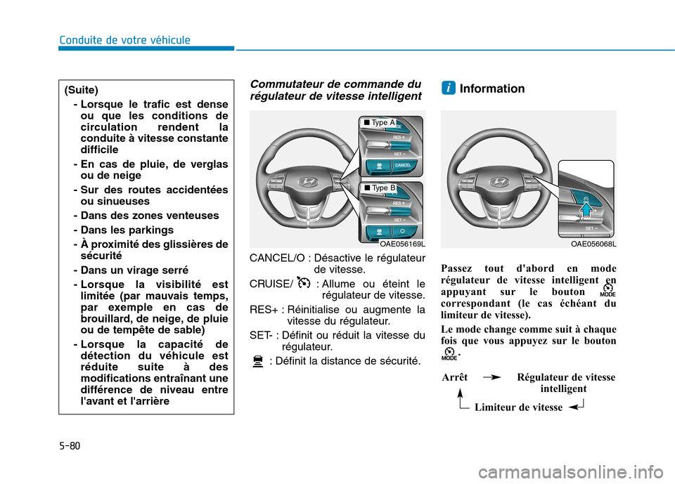 Hyundai Ioniq Electric 2017 Manuel du propriétaire (in French) 5-80
Conduite de votre véhicule
Commutateur de commande durégulateur de vitesse intelligent
CANCEL/O : Désactive le régulateur de vitesse.
CRUISE/ : Allume ou éteint le
régulateur de vitesse.
R Hyundai Ioniq Electric 2017 Manuel du propriétaire (in French) 5-80
Conduite de votre véhicule
Commutateur de commande durégulateur de vitesse intelligent
CANCEL/O : Désactive le régulateur de vitesse.
CRUISE/ : Allume ou éteint le
régulateur de vitesse.
R