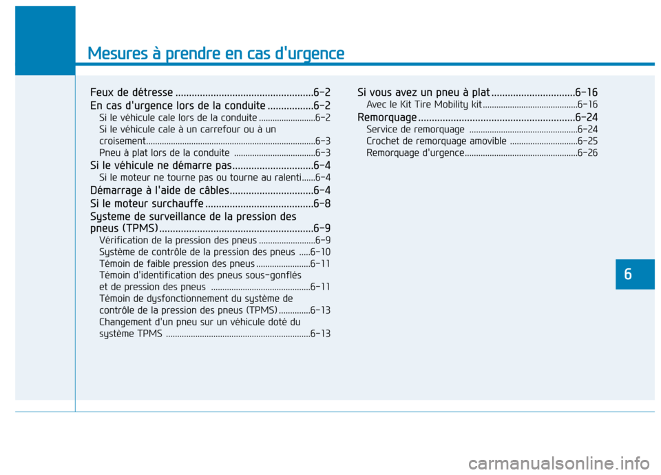 Hyundai Ioniq Electric 2017 Manuel du propriétaire (in French) Mesures à prendre en cas durgence
Feux de détresse ...................................................6-2
En cas durgence lors de la conduite .................6-2Si le véhicule cale lors de la Hyundai Ioniq Electric 2017 Manuel du propriétaire (in French) Mesures à prendre en cas durgence
Feux de détresse ...................................................6-2
En cas durgence lors de la conduite .................6-2Si le véhicule cale lors de la
