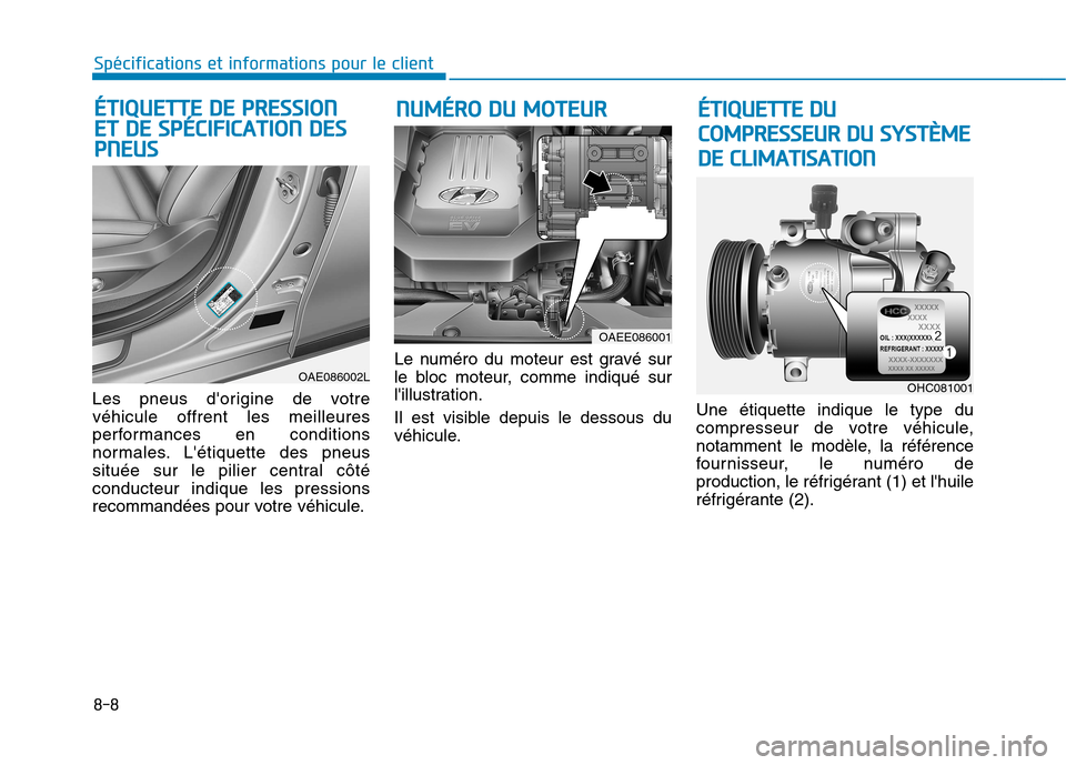 Hyundai Ioniq Electric 2017  Manuel du propriétaire (in French) 8-8
Spécifications et informations pour le client
Les pneus dorigine de votre véhicule offrent les meilleures
performances en conditions
normales. Létiquette des pneus
située sur le pilier centr