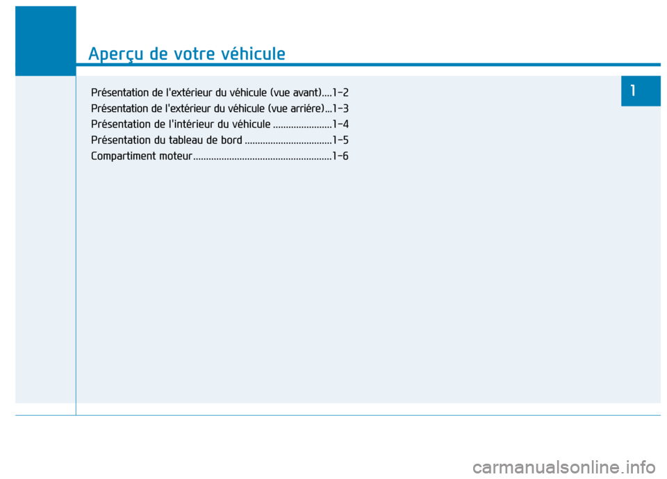 Hyundai Ioniq Electric 2017  Manuel du propriétaire (in French) Aperçu de votre véhicule
1
Aperçu de votre véhicule 
1Présentation de lextérieur du véhicule (vue avant)....1-2
Présentation de lextérieur du véhicule (vue arriére) ...1-3 
Présentation 