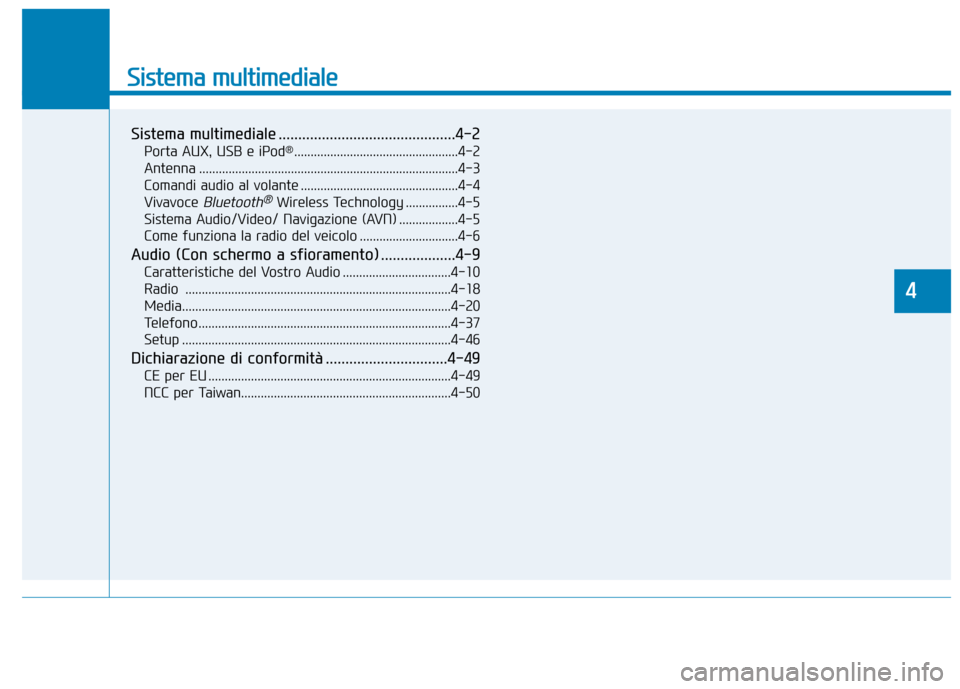 Hyundai Ioniq Electric 2017 Manuale del proprietario (in Italian) Sistema multimediale
Sistema multimediale .............................................4-2Porta AUX, USB e iPod ®
..................................................4-2
Antenna ....................... Hyundai Ioniq Electric 2017 Manuale del proprietario (in Italian) Sistema multimediale
Sistema multimediale .............................................4-2Porta AUX, USB e iPod ®
..................................................4-2
Antenna .......................
