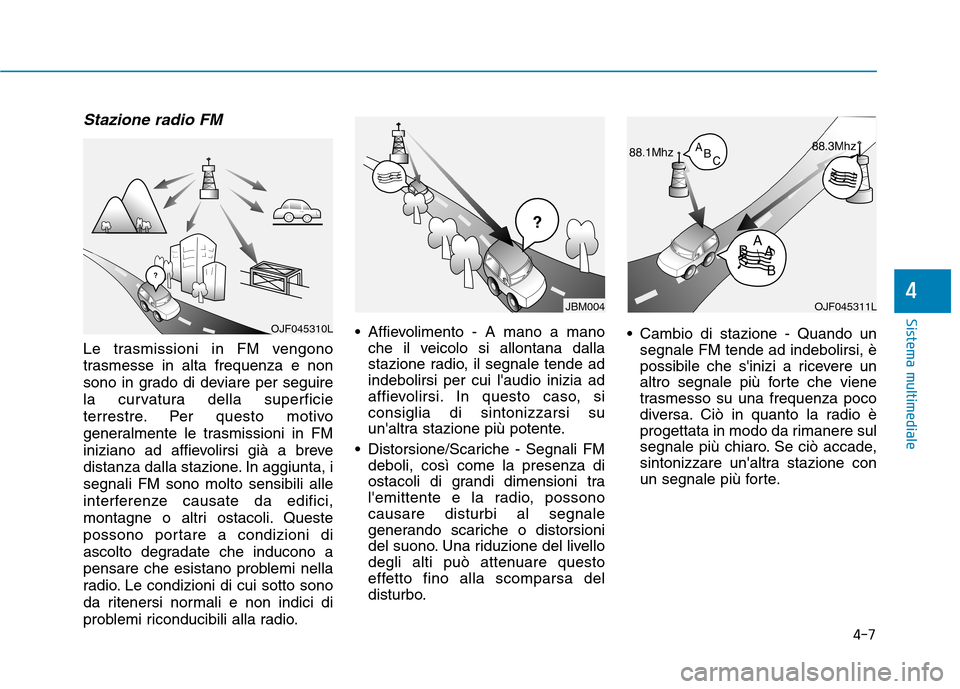 Hyundai Ioniq Electric 2017 Manuale del proprietario (in Italian) 4-7
Sistema multimediale
4
Stazione radio FM
Le trasmissioni in FM vengono
trasmesse in alta frequenza e non
sono in grado di deviare per seguire
la curvatura della superficie
terrestre. Per questo m Hyundai Ioniq Electric 2017 Manuale del proprietario (in Italian) 4-7
Sistema multimediale
4
Stazione radio FM
Le trasmissioni in FM vengono
trasmesse in alta frequenza e non
sono in grado di deviare per seguire
la curvatura della superficie
terrestre. Per questo m