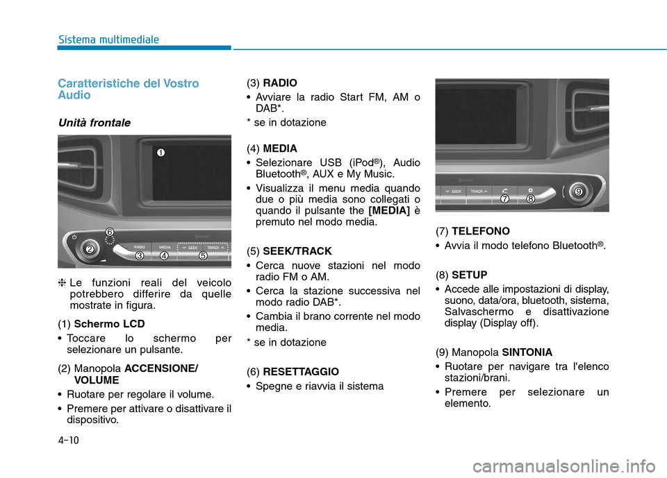 Hyundai Ioniq Electric 2017 Manuale del proprietario (in Italian) 4-10
Sistema multimediale
Caratteristiche del Vostro
Audio
Unità frontale
❈Le funzioni reali del veicolo
potrebbero differire da quelle
mostrate in figura.
(1) Schermo LCD
Toccare lo schermo pe Hyundai Ioniq Electric 2017 Manuale del proprietario (in Italian) 4-10
Sistema multimediale
Caratteristiche del Vostro
Audio
Unità frontale
❈Le funzioni reali del veicolo
potrebbero differire da quelle
mostrate in figura.
(1) Schermo LCD
Toccare lo schermo pe
