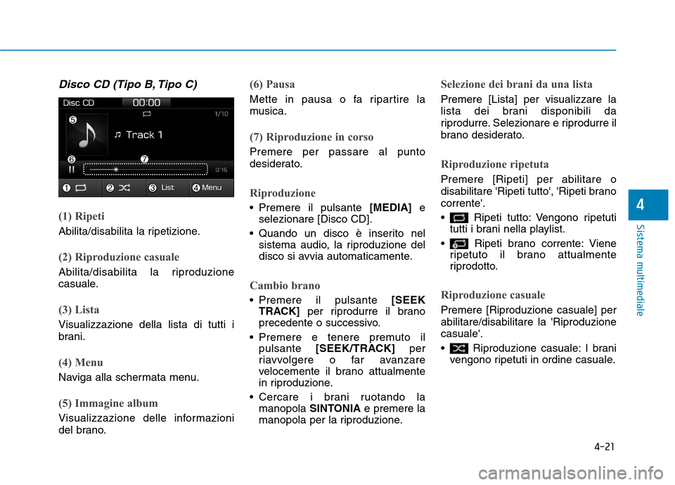 Hyundai Ioniq Electric 2017 Manuale del proprietario (in Italian) 4-21
Sistema multimediale
4
Disco CD (Tipo B, Tipo C)
(1) Ripeti
Abilita/disabilita la ripetizione.
(2) Riproduzione casuale
Abilita/disabilita la riproduzione
casuale.
(3) Lista
Visualizzazione dell Hyundai Ioniq Electric 2017 Manuale del proprietario (in Italian) 4-21
Sistema multimediale
4
Disco CD (Tipo B, Tipo C)
(1) Ripeti
Abilita/disabilita la ripetizione.
(2) Riproduzione casuale
Abilita/disabilita la riproduzione
casuale.
(3) Lista
Visualizzazione dell