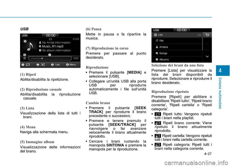 Hyundai Ioniq Electric 2017 Manuale del proprietario (in Italian) 4-27
Sistema multimediale
4
USB
(1) Ripeti
Abilita/disabilita la ripetizione.
(2) Riproduzione casuale
Abilita/disabilita la riproduzionecasuale.
(3) Lista
Visualizzazione della lista di tutti ibrani. Hyundai Ioniq Electric 2017 Manuale del proprietario (in Italian) 4-27
Sistema multimediale
4
USB
(1) Ripeti
Abilita/disabilita la ripetizione.
(2) Riproduzione casuale
Abilita/disabilita la riproduzionecasuale.
(3) Lista
Visualizzazione della lista di tutti ibrani.