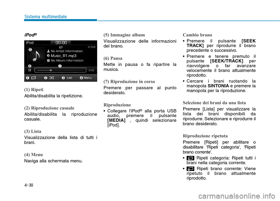 Hyundai Ioniq Electric 2017 Manuale del proprietario (in Italian) 4-30
Sistema multimediale
iPod®
(1) Ripeti
Abilita/disabilita la ripetizione.
(2) Riproduzione casuale
Abilita/disabilita la riproduzione
casuale.
(3) Lista
Visualizzazione della lista di tutti i
b Hyundai Ioniq Electric 2017 Manuale del proprietario (in Italian) 4-30
Sistema multimediale
iPod®
(1) Ripeti
Abilita/disabilita la ripetizione.
(2) Riproduzione casuale
Abilita/disabilita la riproduzione
casuale.
(3) Lista
Visualizzazione della lista di tutti i
b