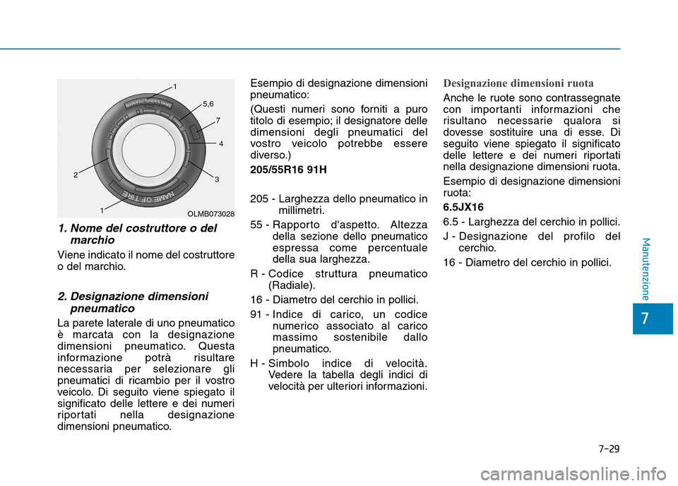 Hyundai Ioniq Electric 2017 Manuale del proprietario (in Italian) 7-29
7
Manutenzione1. Nome del costruttore o delmarchio
Viene indicato il nome del costruttore
o del marchio.
2. Designazione dimensionipneumatico
La parete laterale di uno pneumaticoè marcata con Hyundai Ioniq Electric 2017 Manuale del proprietario (in Italian) 7-29
7
Manutenzione1. Nome del costruttore o delmarchio
Viene indicato il nome del costruttore
o del marchio.
2. Designazione dimensionipneumatico
La parete laterale di uno pneumaticoè marcata con