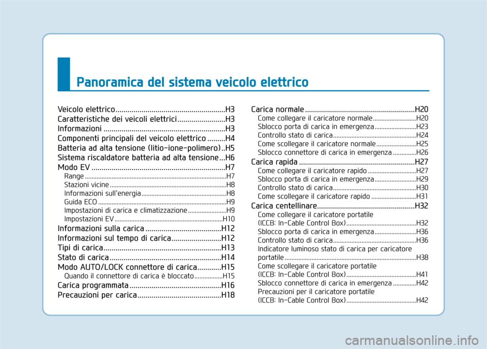 Hyundai Ioniq Electric 2017 Manuale del proprietario (in Italian) PPaann oo rraa mm iicc aa dd eell ss iiss ttee mm aa vv ee iicc oo lloo ee llee tttt rr iicc oo
Veicolo elettrico.......................................................H3
Caratteristiche dei v Hyundai Ioniq Electric 2017 Manuale del proprietario (in Italian) PPaann oo rraa mm iicc aa dd eell ss iiss ttee mm aa vv ee iicc oo lloo ee llee tttt rr iicc oo
Veicolo elettrico.......................................................H3
Caratteristiche dei v