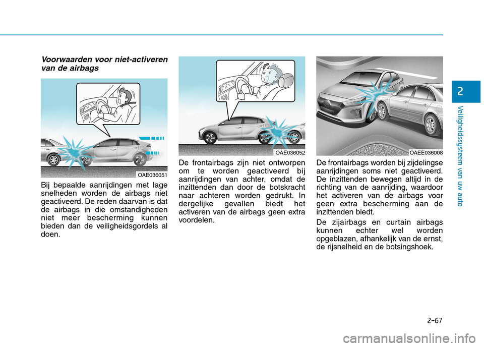 Hyundai Ioniq Electric 2017  Handleiding (in Dutch) 2-67
Veiligheidssysteem van uw auto
2
Voorwaarden voor niet-activerenvan de airbags
Bij bepaalde aanrijdingen met lage 
snelheden worden de airbags niet
geactiveerd. De reden daarvan is datde airbags 