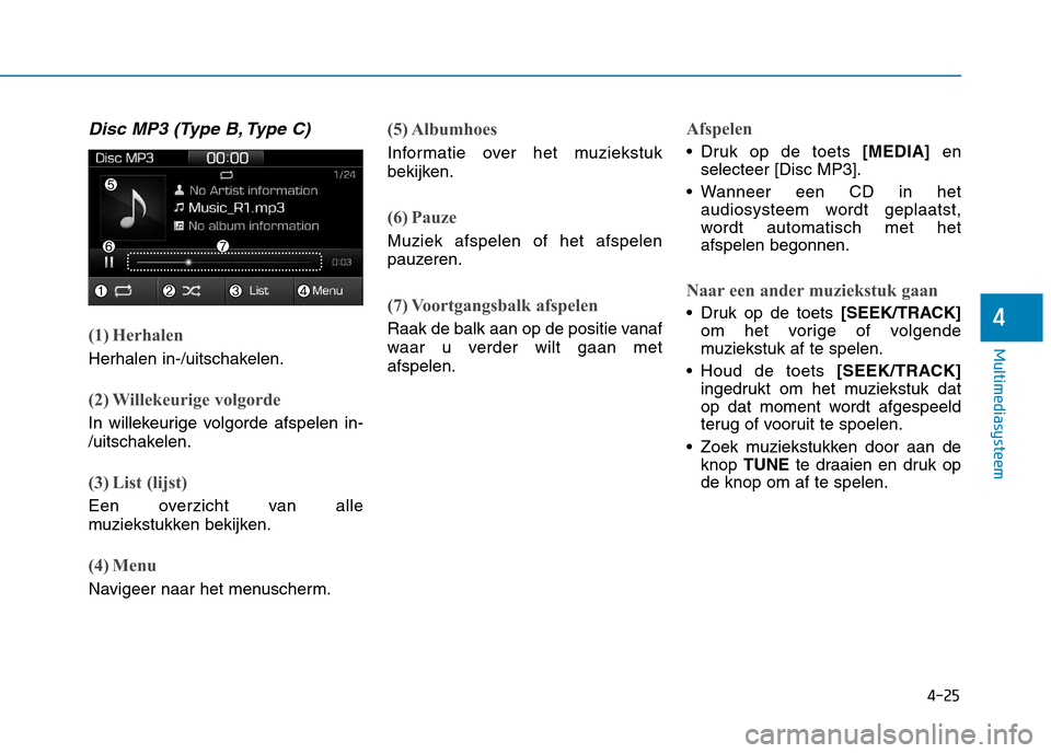 Hyundai Ioniq Electric 2017  Handleiding (in Dutch) 4-25
Multimediasysteem
4
Disc MP3 (Type B, Type C)
(1) Herhalen
Herhalen in-/uitschakelen.
(2) Willekeurige volgorde
In willekeurige volgorde afspelen in- 
/uitschakelen.
(3) List (lijst)
Een overzich