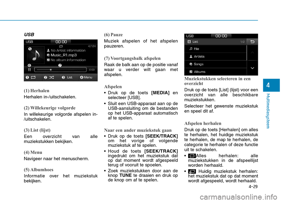 Hyundai Ioniq Electric 2017 Handleiding (in Dutch) 4-29
Multimediasysteem
4
USB
(1) Herhalen
Herhalen in-/uitschakelen.
(2) Willekeurige volgorde
In willekeurige volgorde afspelen in-
/uitschakelen.
(3) List (lijst)
Een overzicht van alle
muziekstuk Hyundai Ioniq Electric 2017 Handleiding (in Dutch) 4-29
Multimediasysteem
4
USB
(1) Herhalen
Herhalen in-/uitschakelen.
(2) Willekeurige volgorde
In willekeurige volgorde afspelen in-
/uitschakelen.
(3) List (lijst)
Een overzicht van alle
muziekstuk