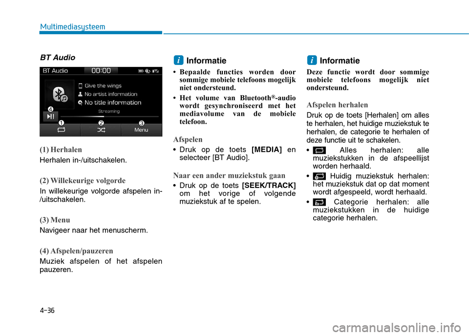Hyundai Ioniq Electric 2017 Handleiding (in Dutch) 4-36
Multimediasysteem
BT Audio
(1) Herhalen
Herhalen in-/uitschakelen.
(2) Willekeurige volgorde
In willekeurige volgorde afspelen in-
/uitschakelen.
(3) Menu
Navigeer naar het menuscherm.
(4) Afspe Hyundai Ioniq Electric 2017 Handleiding (in Dutch) 4-36
Multimediasysteem
BT Audio
(1) Herhalen
Herhalen in-/uitschakelen.
(2) Willekeurige volgorde
In willekeurige volgorde afspelen in-
/uitschakelen.
(3) Menu
Navigeer naar het menuscherm.
(4) Afspe