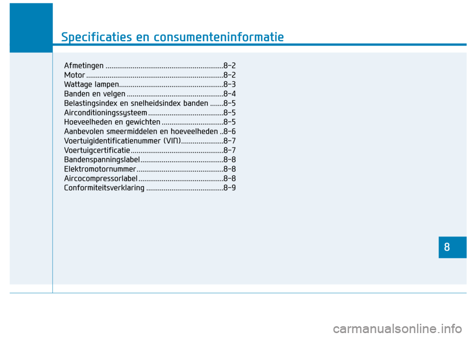 Hyundai Ioniq Electric 2017 Handleiding (in Dutch) 8
Specificaties en consumenteninformatie
8
Specificaties en consumenteninformatie
8
Afmetingen .............................................................8-2
Motor ................................. Hyundai Ioniq Electric 2017 Handleiding (in Dutch) 8
Specificaties en consumenteninformatie
8
Specificaties en consumenteninformatie
8
Afmetingen .............................................................8-2
Motor .................................