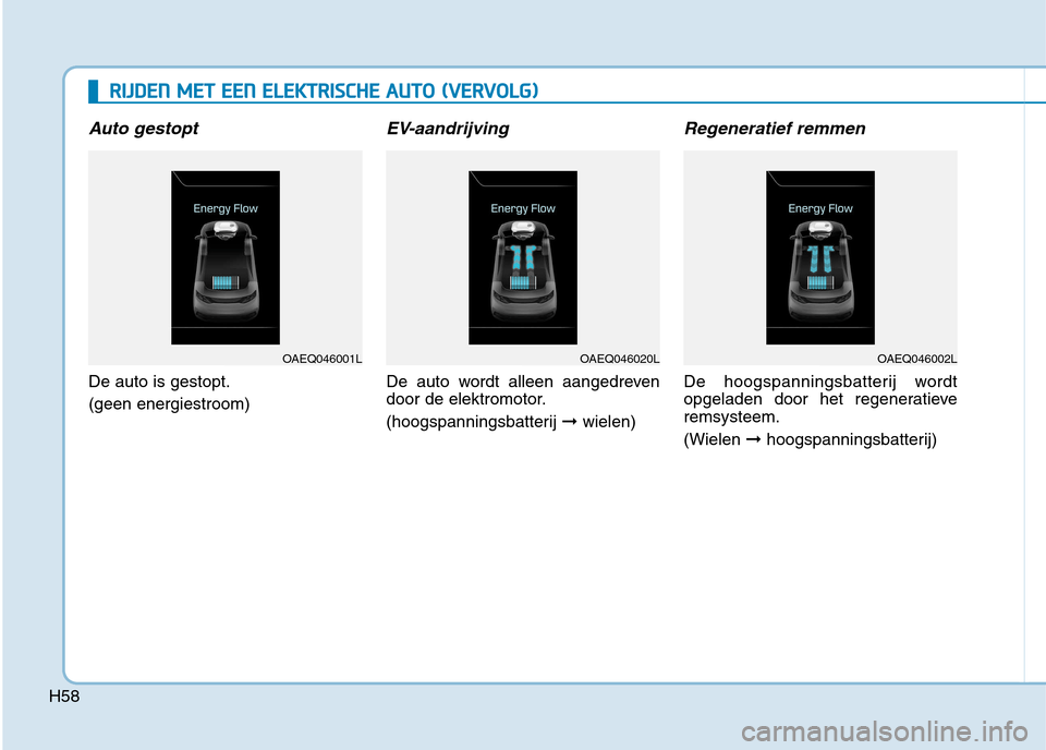 Hyundai Ioniq Electric 2017  Handleiding (in Dutch) H58
Auto gestopt
De auto is gestopt. (geen energiestroom)
EV-aandrijving
De auto wordt alleen aangedreven 
door de elektromotor. 
(hoogspanningsbatterij ➞wielen)
Regeneratief remmen
De hoogspannings