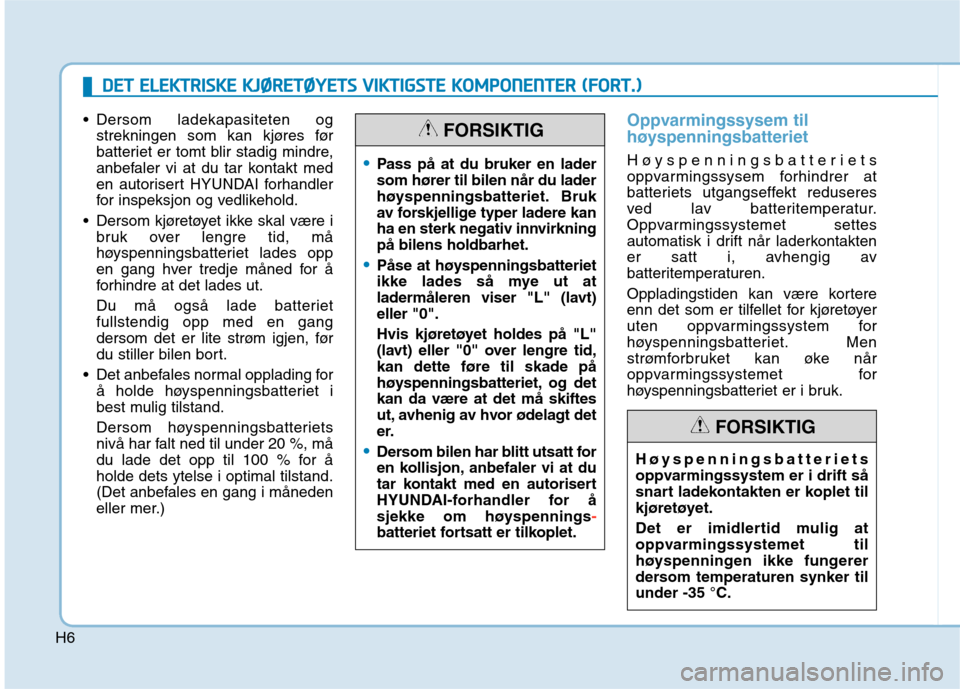 Hyundai Ioniq Electric 2017  Brukerhåndbok (in Norwegian) H6
 Dersom ladekapasiteten ogstrekningen som kan kjøres før 
batteriet er tomt blir stadig mindre,
anbefaler vi at du tar kontakt med
en autorisert HYUNDAI forhandler
for inspeksjon og vedlikehold.
