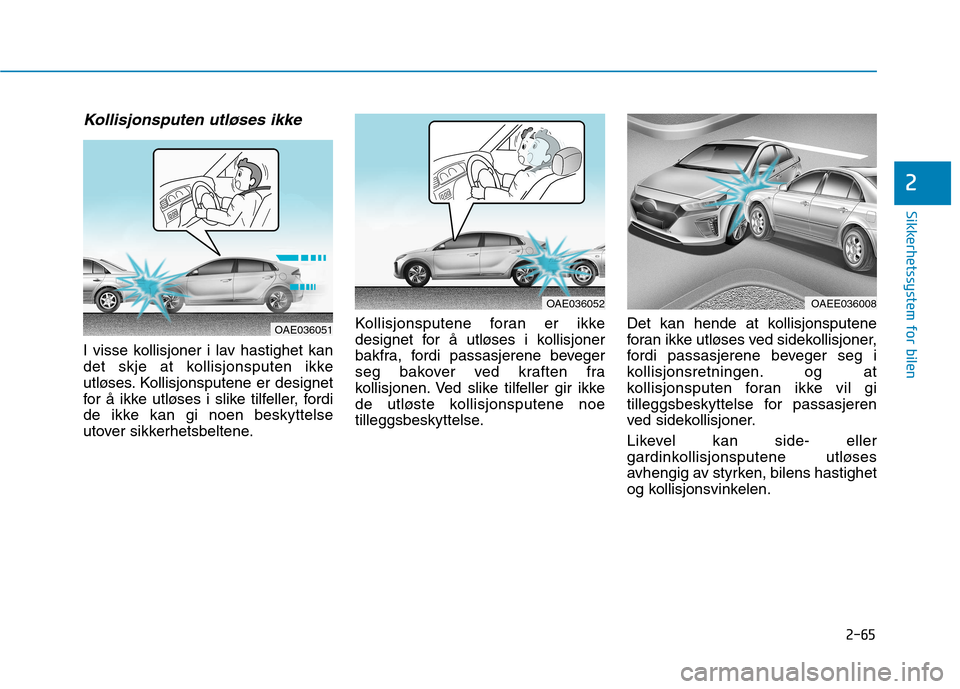 Hyundai Ioniq Electric 2017  Brukerhåndbok (in Norwegian) 2-65
Sikkerhetssystem for bilen
2
Kollisjonsputen utløses ikke
I visse kollisjoner i lav hastighet kan 
det skje at kollisjonsputen ikke
utløses. Kollisjonsputene er designet
for å ikke utløses i 