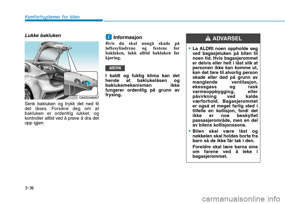 Hyundai Ioniq Electric 2017  Brukerhåndbok (in Norwegian) 3-36
Komfortsystemer for bilen
Lukke bakluken
Senk bakluken og trykk det ned til 
det låses. Forsikre deg om at
bakluken er ordentlig lukket, og
kontroller alltid ved å prøve å dra detopp igjen.In