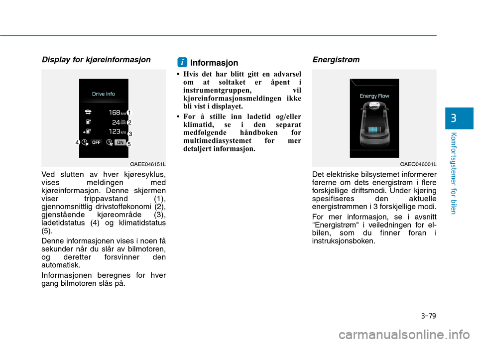 Hyundai Ioniq Electric 2017  Brukerhåndbok (in Norwegian) 3-79
Komfortsystemer for bilen
3
Display for kjøreinformasjon
Ved slutten av hver kjøresyklus, vises meldingen med
kjøreinformasjon. Denne skjermen
viser trippavstand (1),
gjennomsnittlig drivstoff
