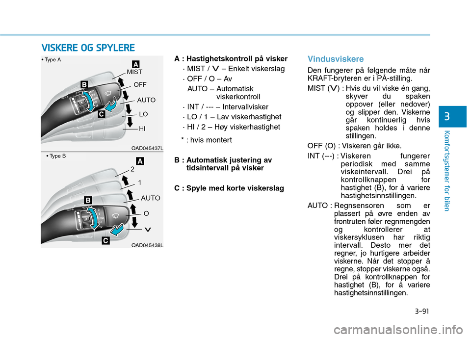 Hyundai Ioniq Electric 2017  Brukerhåndbok (in Norwegian) 3-91
Komfortsystemer for bilen
3
A : Hastighetskontroll på visker· MIST / 
V– Enkelt viskerslag
· OFF / O – Av AUTO – Automatisk viskerkontroll
· INT / --- – Intervallvisker 
· LO / 1 –