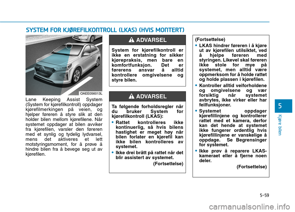 Hyundai Ioniq Electric 2017  Brukerhåndbok (in Norwegian) 5-59
Kjøre bilen
5
Lane Keeping Assist System 
(System for kjørefilkontroll) oppdager
kjørefilmerkingen på veien, og
hjelper føreren å styre slik at den
holder bilen mellom kjørefilene. Når
sy