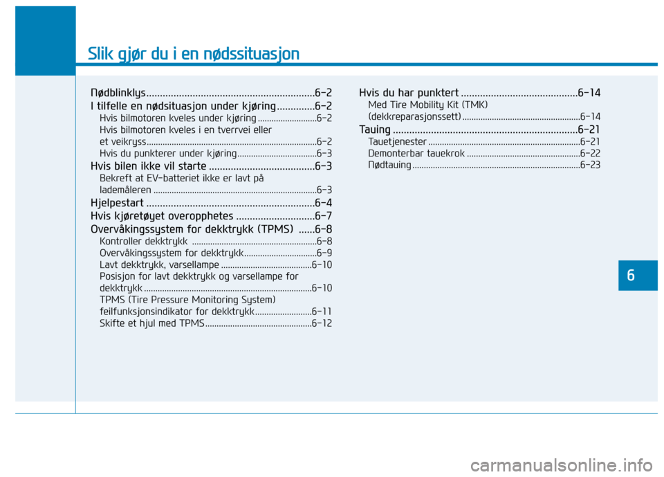 Hyundai Ioniq Electric 2017  Brukerhåndbok (in Norwegian) Slik gjør du i en nødssituasjon
Nødblinklys ..............................................................6-2 
I tilfelle en nødsituasjon under kjøring ..............6-2Hvis bilmotoren kveles und