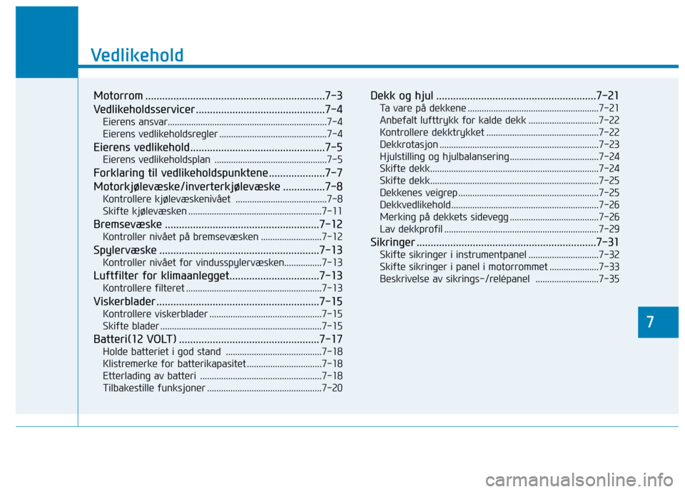 Hyundai Ioniq Electric 2017  Brukerhåndbok (in Norwegian) 7
Vedlikehold
7
Vedlikehold
Motorrom ................................................................7-3 
Vedlikeholdsservicer ..............................................7-4Eierens ansvar..........