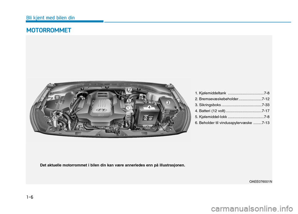 Hyundai Ioniq Electric 2017  Brukerhåndbok (in Norwegian) 1-6
Bli kjent med bilen dinM
M OOTTOO RRRR OO MM MMEETT
OAEE076001N
1. Kjølemiddeltank ..................................7-8 
2. Bremsevæskebeholder ......................7-12
3. Sikringsboks ......