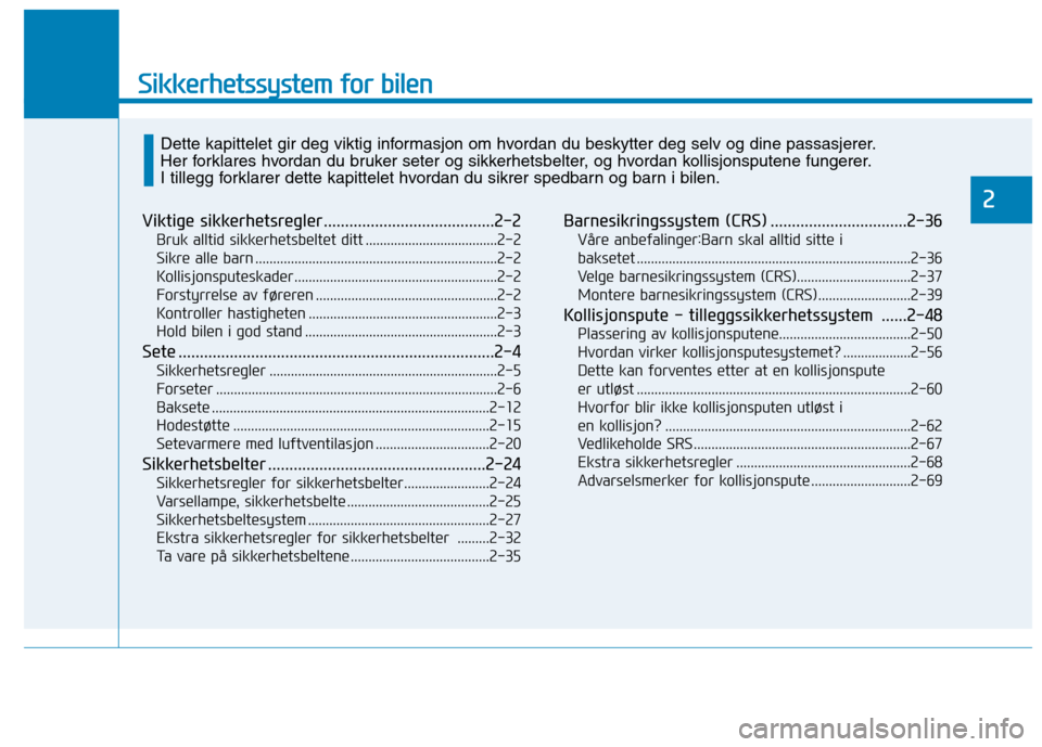 Hyundai Ioniq Electric 2017  Brukerhåndbok (in Norwegian) Sikkerhetssystem for bilen
2
Viktige sikkerhetsregler........................................2-2Bruk alltid sikkerhetsbeltet ditt .....................................2-2 
Sikre alle barn ............