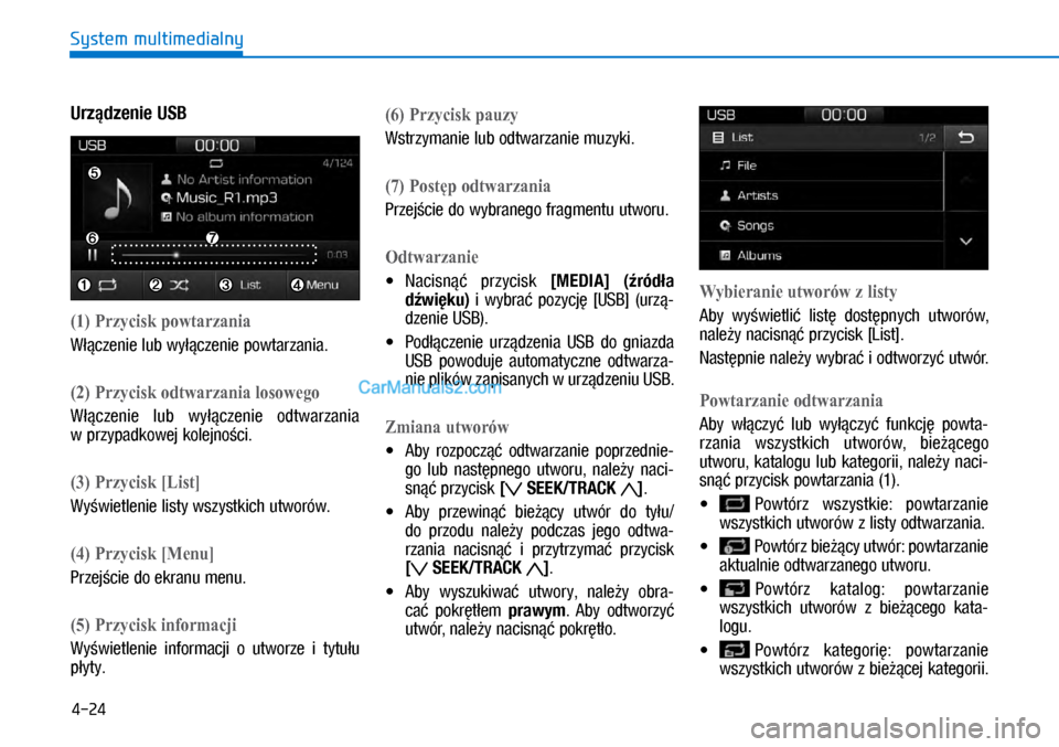 Hyundai Ioniq Electric 2017  Instrukcja Obsługi (in Polish) 4-24
System multimedialny
Urz�dzenie USB
(�) Przycisk powtarzania
W��czenie lub wy��czenie powtarzania.
(�) Przycisk odtwarzania losowego
W��czenie  lub  wy��czenie  odtwarzania 
w�przypadkowej