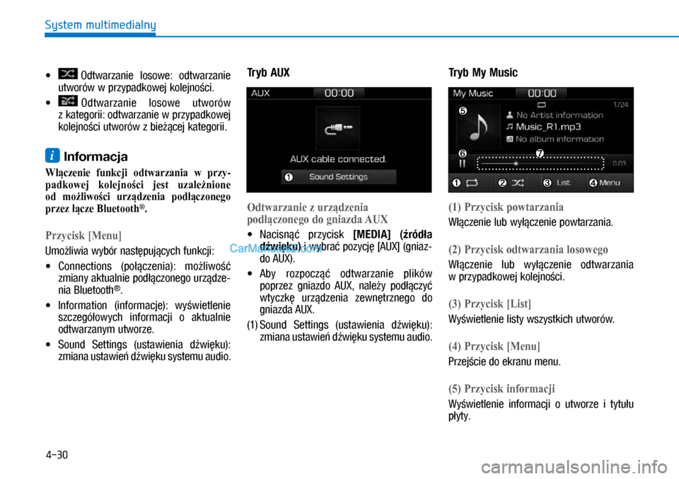 Hyundai Ioniq Electric 2017  Instrukcja Obsługi (in Polish) 4-30
System multimedialny•	
  Odtwarzanie  lo\bowe:  odtwarzanie 
utworów w�przypadkowej kolejno�ci.
•	
  Odtwarzanie  lo\bowe  utworów 
z�kategorii: odtwarzanie w�przypadkowej 
kolejno�ci utwor