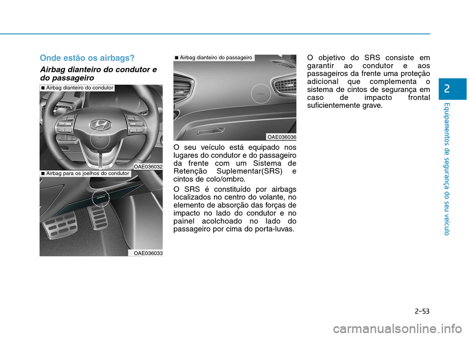 Hyundai Ioniq Electric 2017  Manual do proprietário (in Portuguese) 2-53
Equipamentos de segurança do seu veículo
2
Onde estão os airbags?
Airbag dianteiro do condutor edo passageiro
O seu veículo está equipado nos lugares do condutor e do passageiroda frente com