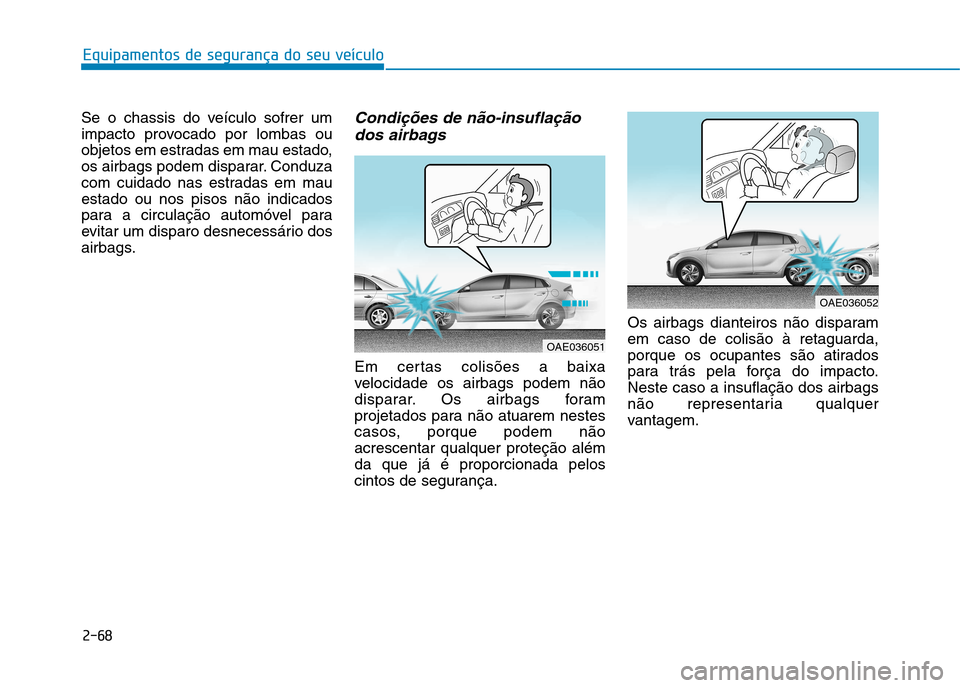 Hyundai Ioniq Electric 2017  Manual do proprietário (in Portuguese) 2-68
Equipamentos de segurança do seu veículo
Se o chassis do veículo sofrer um 
impacto provocado por lombas ou
objetos em estradas em mau estado,
os airbags podem disparar. Conduza
com cuidado na