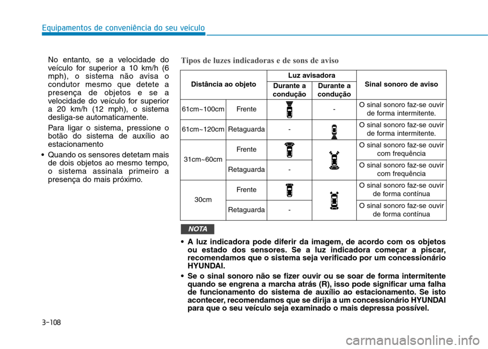 Hyundai Ioniq Electric 2017 Manual do proprietário (in Portuguese) 3-108
Equipamentos de conveniência do seu veículo
No entanto, se a velocidade do
veículo for superior a 10 km/h (6
mph), o sistema não avisa ocondutor mesmo que detete apresença de objetos e se Hyundai Ioniq Electric 2017 Manual do proprietário (in Portuguese) 3-108
Equipamentos de conveniência do seu veículo
No entanto, se a velocidade do
veículo for superior a 10 km/h (6
mph), o sistema não avisa ocondutor mesmo que detete apresença de objetos e se