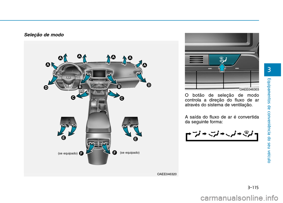 Hyundai Ioniq Electric 2017  Manual do proprietário (in Portuguese) 3-115
Equipamentos de conveniência do seu veículo
3
Seleção de modo
O botão de seleção de modo controla a direção do fluxo de ar
através do sistema de ventilação. 
A saída do fluxo de ar 