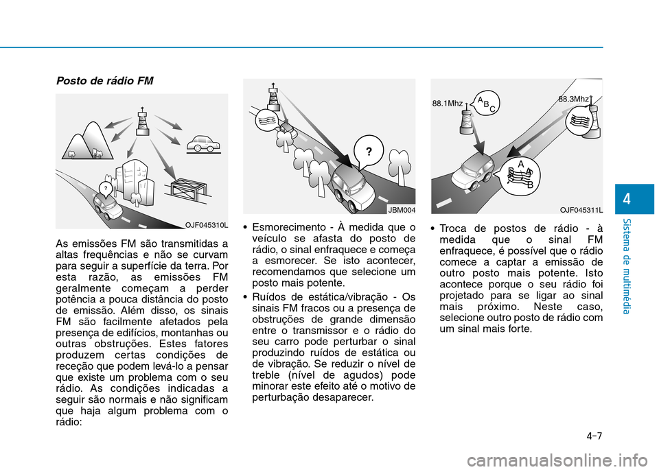 Hyundai Ioniq Electric 2017 Manual do proprietário (in Portuguese) 4-7
Sistema de multimédia
4
Posto de rádio FM
As emissões FM são transmitidas a
altas frequências e não se curvam
para seguir a superfície da terra. Por
esta razão, as emissões FM
geralmente Hyundai Ioniq Electric 2017 Manual do proprietário (in Portuguese) 4-7
Sistema de multimédia
4
Posto de rádio FM
As emissões FM são transmitidas a
altas frequências e não se curvam
para seguir a superfície da terra. Por
esta razão, as emissões FM
geralmente
