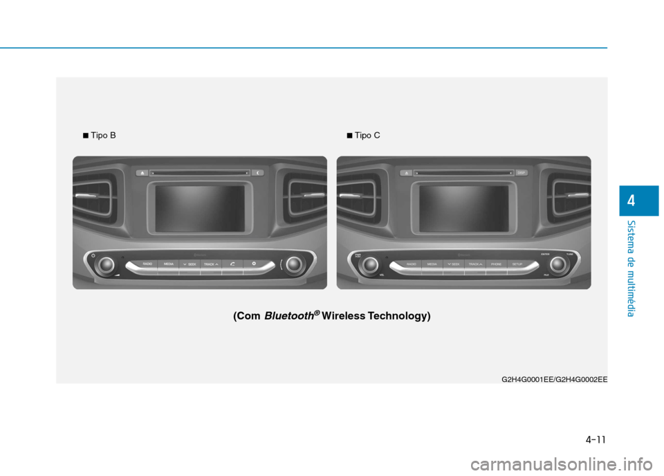 Hyundai Ioniq Electric 2017  Manual do proprietário (in Portuguese) 4-11
Sistema de multimédia
4
G2H4G0001EE/G2H4G0002EE
■ 
Tipo B
(Com 
Bluetooth®Wireless Technology)
■ Tipo C   