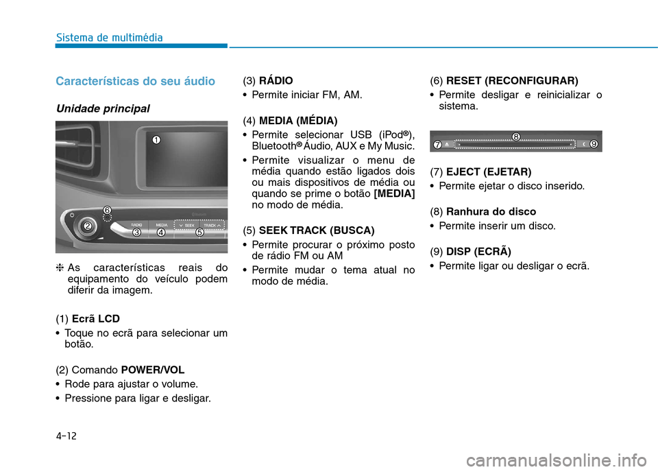 Hyundai Ioniq Electric 2017  Manual do proprietário (in Portuguese) 4-12
Sistema de multimédia
Características do seu áudio
Unidade principal
❈As características reais do
equipamento do veículo podem 
diferir da imagem.
(1)  Ecrã LCD 
 Toque no ecrã para sele