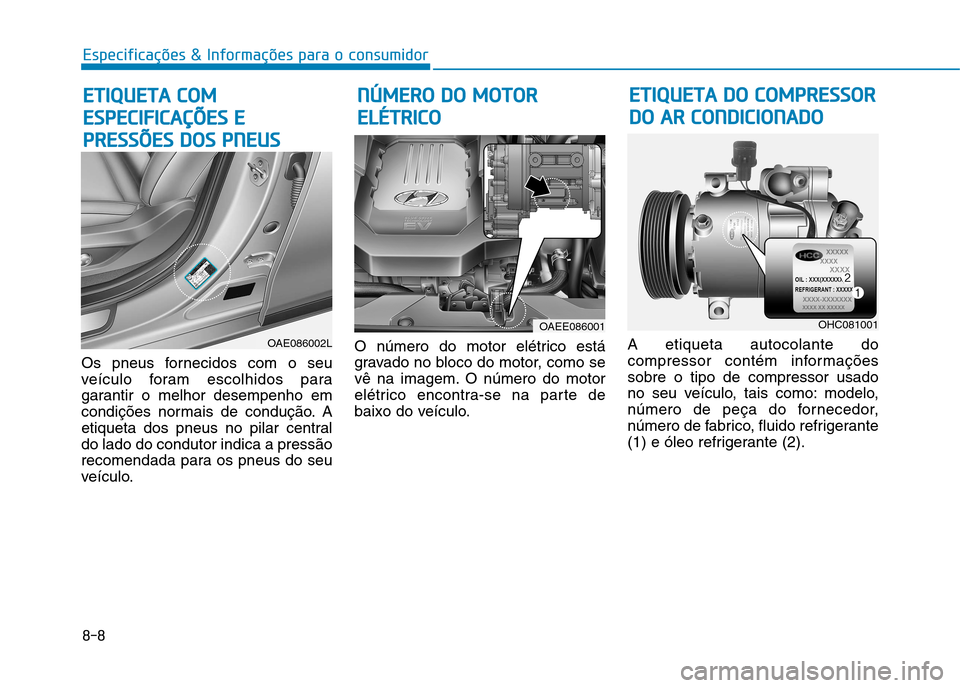 Hyundai Ioniq Electric 2017  Manual do proprietário (in Portuguese) 8-8
Especificações & Informações para o consumidor
Os pneus fornecidos com o seu 
veículo foram escolhidos para
garantir o melhor desempenho em
condições normais de condução. A
etiqueta dos p