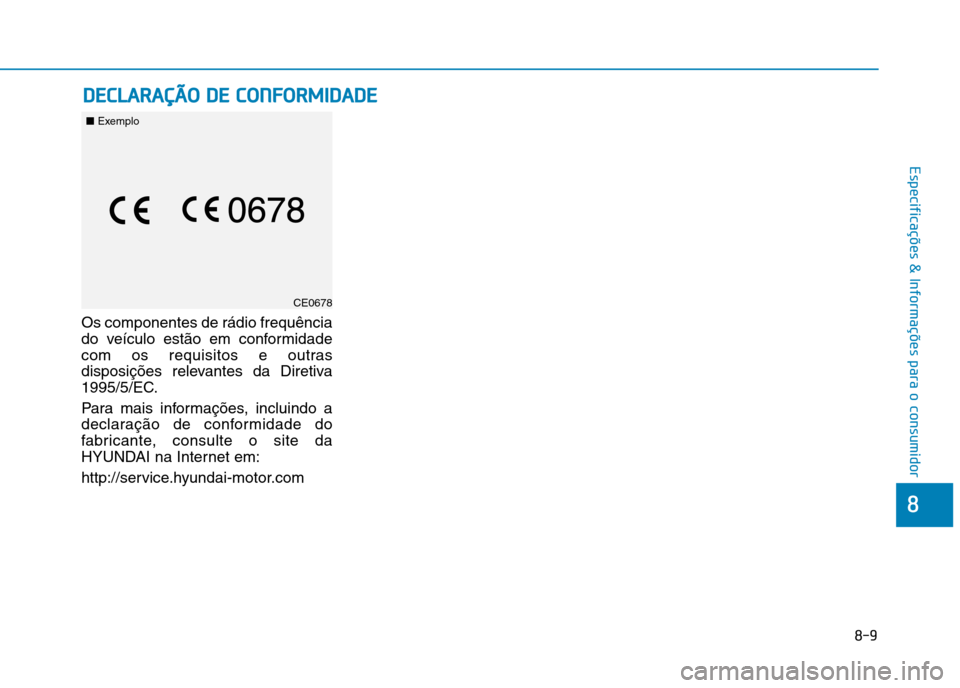 Hyundai Ioniq Electric 2017  Manual do proprietário (in Portuguese) DDEECCLLAA RRAA ÇÇÃÃ OO   DD EE  CC OO NNFFOO RRMM IIDD AA DDEE
8-9
8
Especificações & Informações para o consumidor
Os componentes de rádio frequência 
do veículo estão em conformidade
co