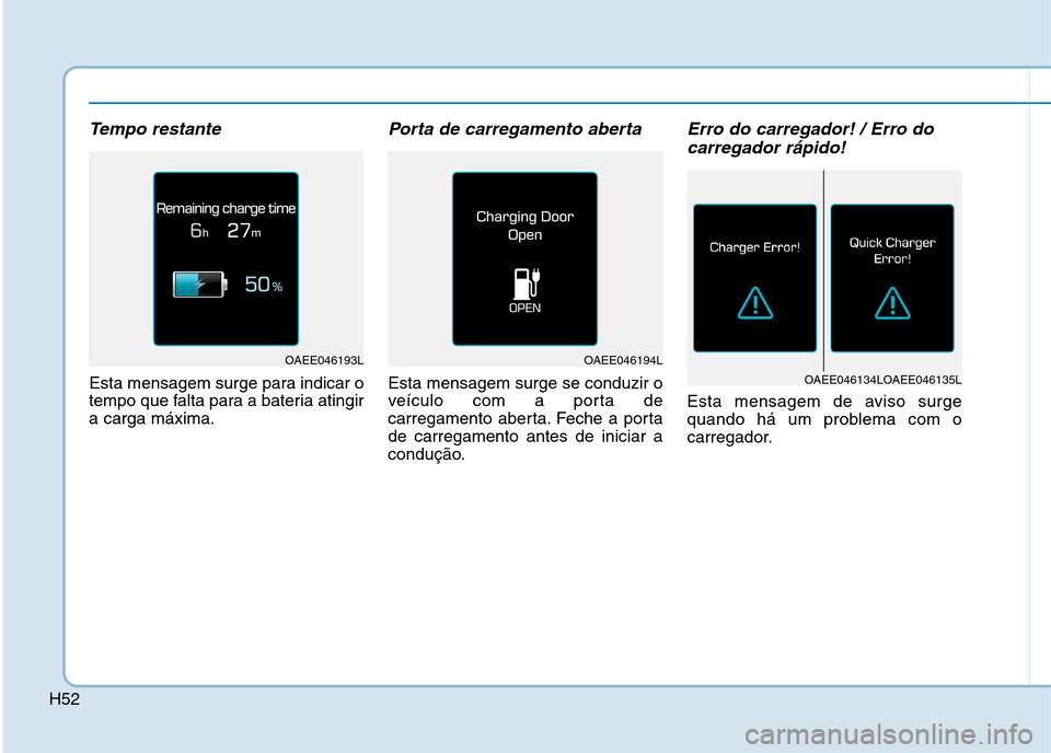 Hyundai Ioniq Electric 2017  Manual do proprietário (in Portuguese) H52
Tempo restante
Esta mensagem surge para indicar o 
tempo que falta para a bateria atingira carga máxima.
Porta de carregamento aberta
Esta mensagem surge se conduzir o
veículo com a porta de
car