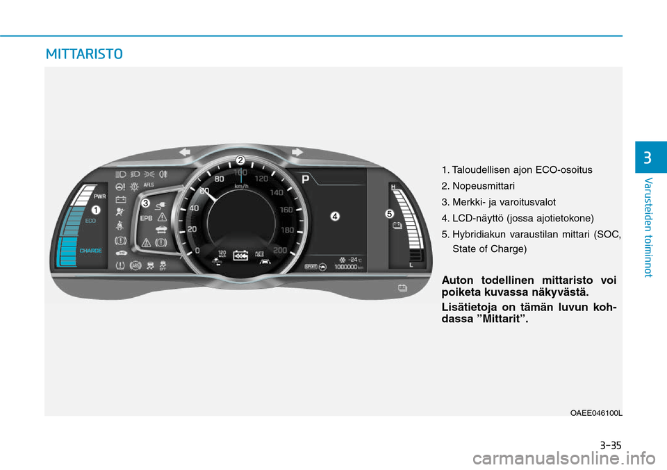 Hyundai Ioniq Electric 2017  Omistajan Käsikirja (in Finnish) ����
�7�B�S�V�T�U�F�J�E�F�O��U�P�J�N�J�O�O�P�U�
OAEE046100L
�.�*�5�5�"�3�*�4�5�0
  Auton todellinen mittaristo voi 
poiketa kuvassa näkyvästä.
Lisätietoja on tämän luvun koh-
dassa ”Mitt