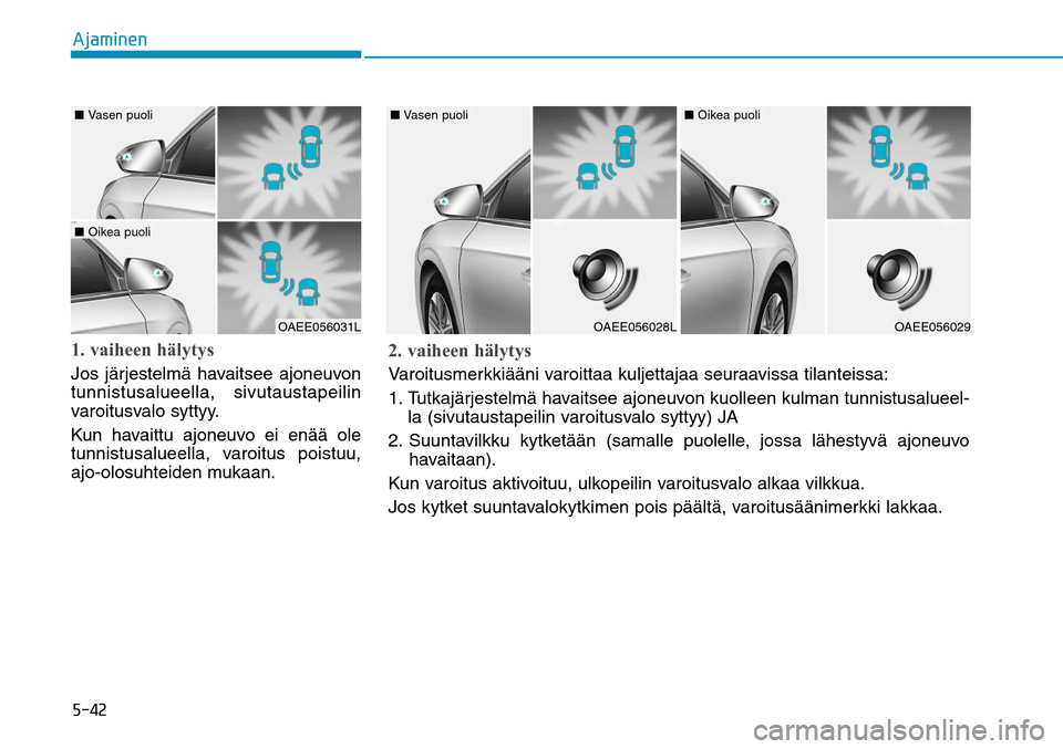 Hyundai Ioniq Electric 2017  Omistajan Käsikirja (in Finnish) �����"�K�B�N�J�O�F�O1. vaiheen hälytysJos järjestelmä havaitsee ajoneuvon 
tunnistusalueella, sivutaustapeilin 
varoitusvalo syttyy.
Kun havaittu ajoneuvo ei enää ole 
tunnistusalueella, varo